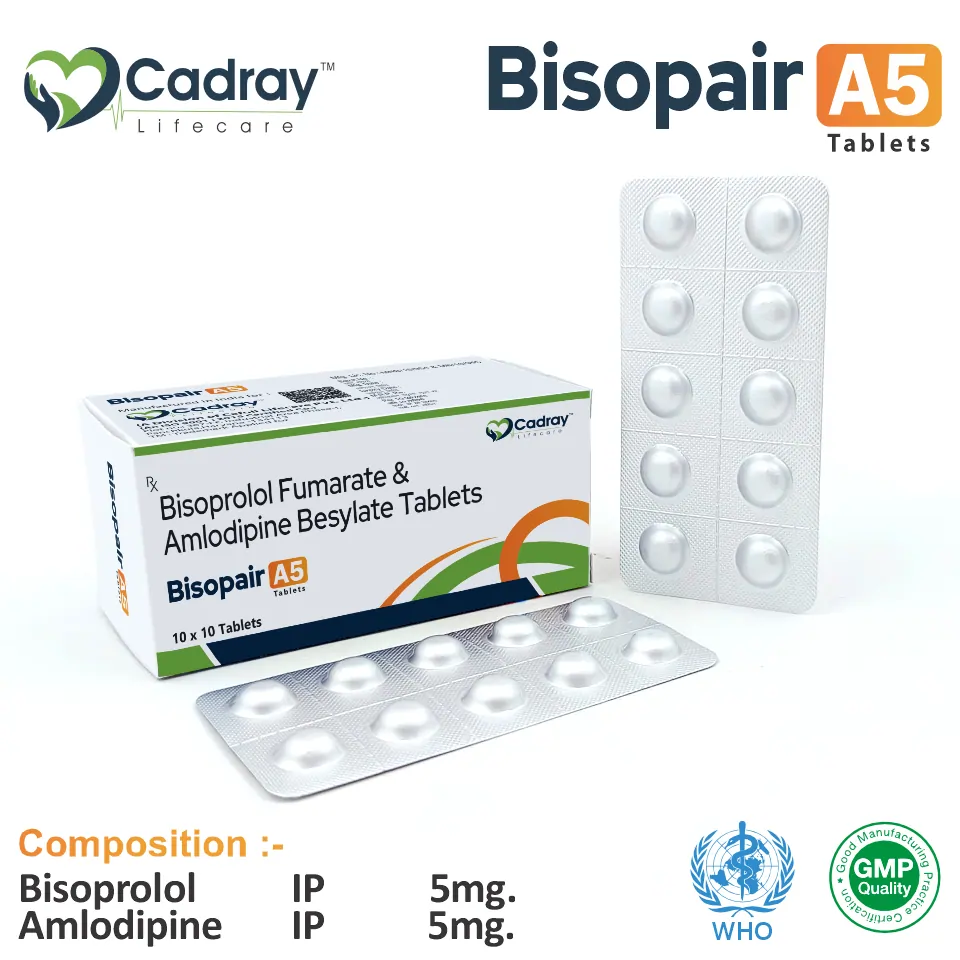 Bisopair A5 Tablet, a combination of Bisoprolol 5mg & Amlodipine 5mg, supports hypertension & cardiac care. WHO GMP certified, available at the best price for PCD pharma franchise & third-party manufacturing.